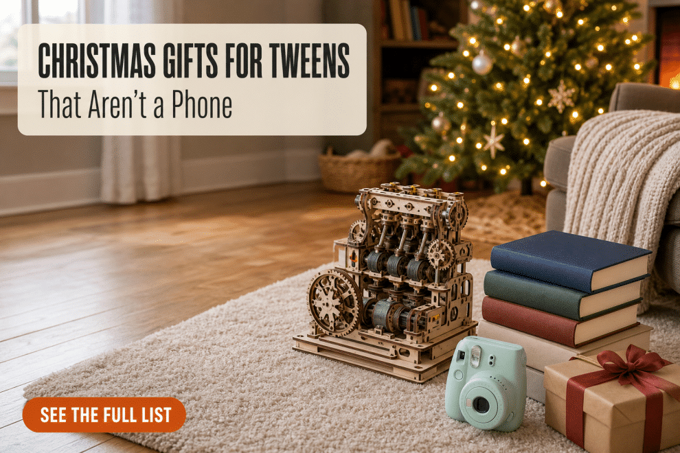 Christmas gifts for tweens that aren't a phone: model kit, books, camera and wrapped gift near a Christmas tree