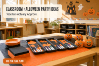 Classroom Halloween Party Ideas Teachers Approve: A Simple 45-Minute Plan 2 Classroom Halloween party ideas laid out on an elementary classroom table with orange and black paper coverings, stacked craft trays and decorated mini pumpkins in warm afternoon light