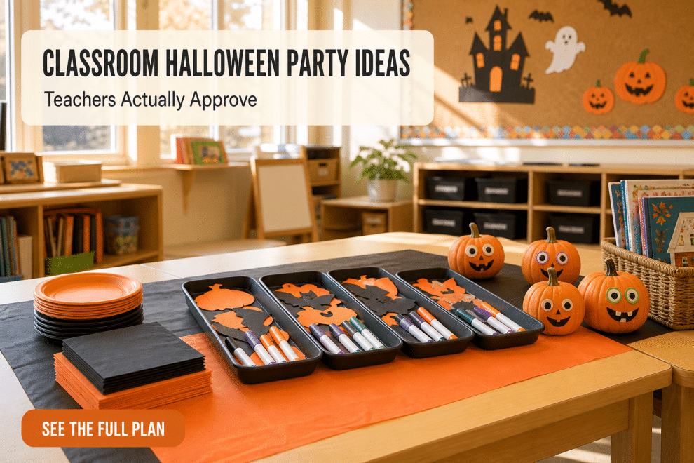 Classroom Halloween party ideas laid out on an elementary classroom table with orange and black paper coverings, stacked craft trays and decorated mini pumpkins in warm afternoon light