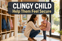 Clingy Child: 7 Ways to Help Them Feel Secure 1 A parent kneeling beside a clingy child at a preschool doorway, offering calm reassurance during goodbye, with a legible baked-in headline