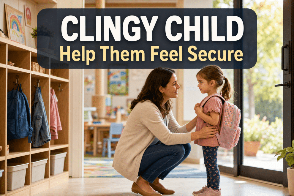 A parent kneeling beside a clingy child at a preschool doorway, offering calm reassurance during goodbye, with a legible baked-in headline