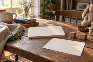 Coined baby names represented by blank cream name cards, wooden blocks, linen and rosemary in warm natural window light