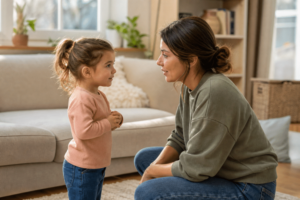 common parenting questions — parent talking with young child at home