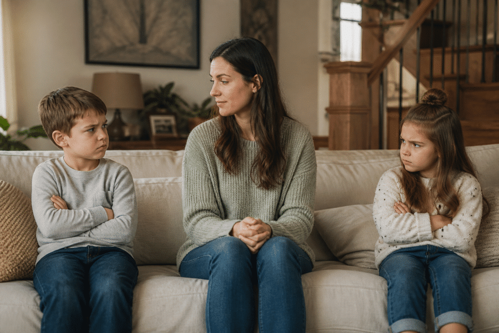 sibling rivalry parent mediating between two children having a disagreement at home