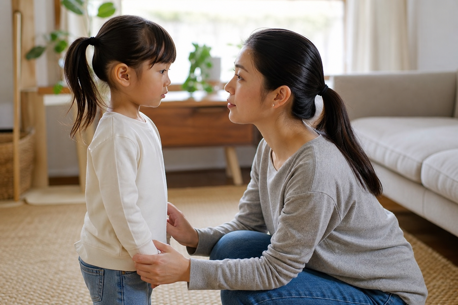 A Guide to Cultivating Better Behavior in Children 16 A parent calmly guiding their child's behavior with gentle conversation
