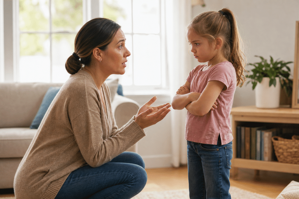 stubborn child having a standoff with calm mom in living room