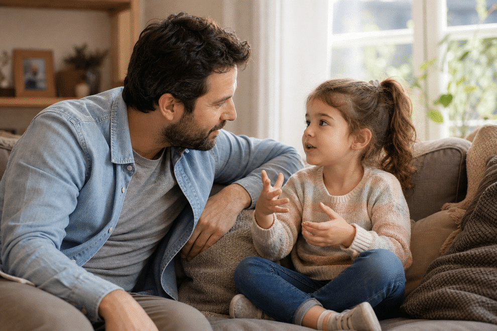 communication skills for kids - parent actively listening to child talking at home