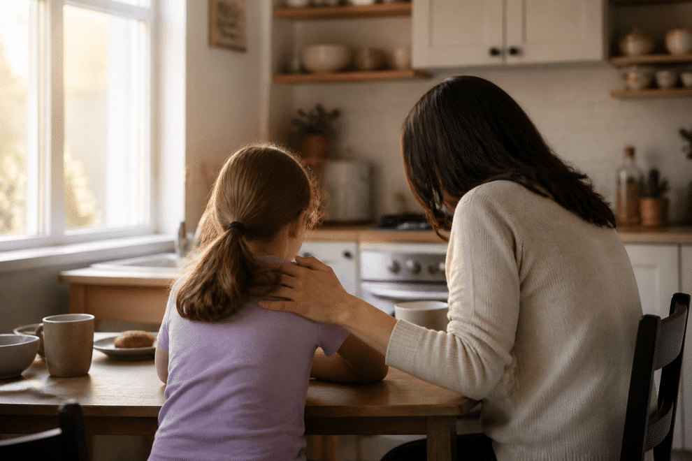 parenting and discipline — parent having a calm conversation with child at the kitchen table