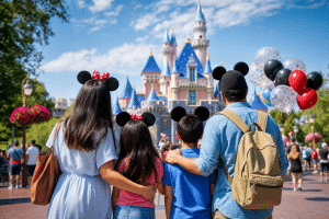 family disney trip with kids at a magical theme park castle entrance on a sunny day