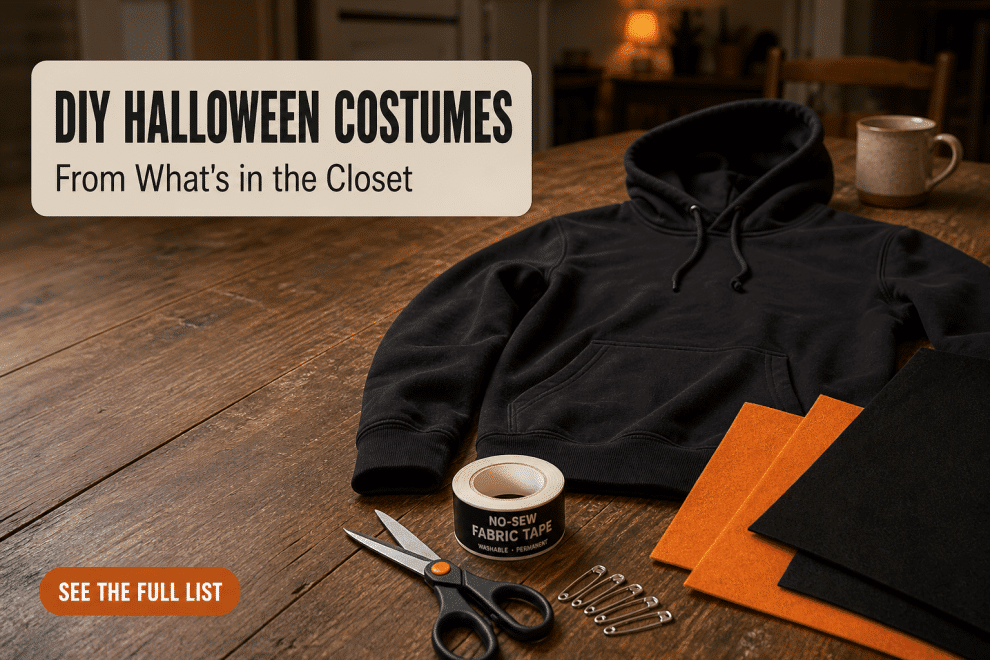 DIY Halloween costumes supplies laid out on a table: felt, no-sew fabric tape, safety pins and a plain black hoodie