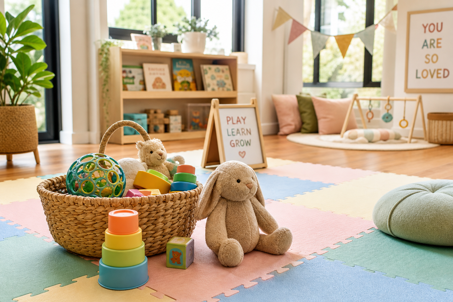 Do Babies Benefit from Playgroups? 17 baby playgroups benefits — soft play mats and toys in an indoor playgroup setting