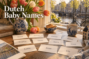 Collection of Dutch baby names on warm cream name cards in a sunlit Netherlands setting with tulips, a canal, delft-blue pottery, and golden light