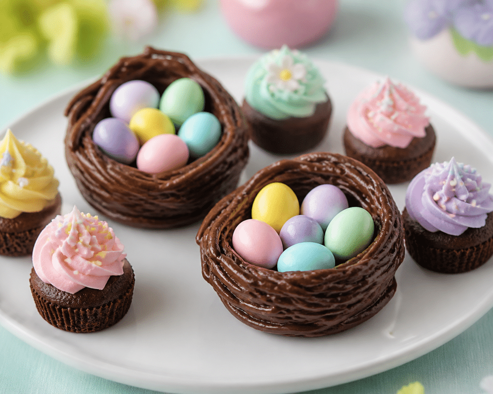 fun easter recipes — chocolate ice cream nests and brownie cupcakes on a white plate