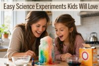 Parent and child doing easy science experiments for kids at the kitchen table, watching a colorful reaction in a clear jar