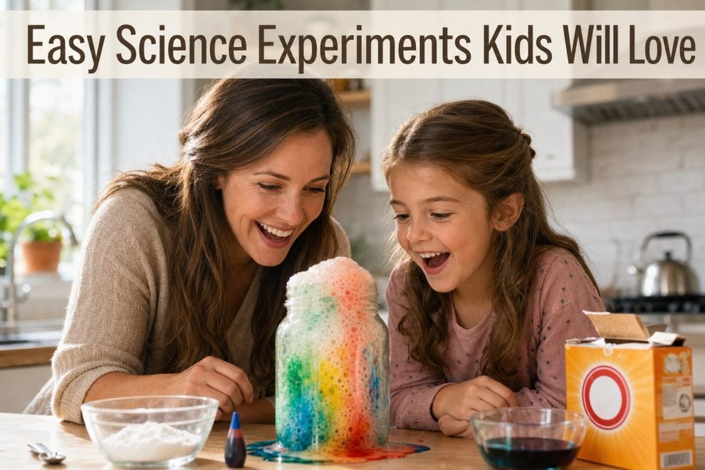 Easy Science Experiments for Kids: Simple, Joyful Fun at Home 15 Parent and child doing easy science experiments for kids at the kitchen table, watching a colorful reaction in a clear jar