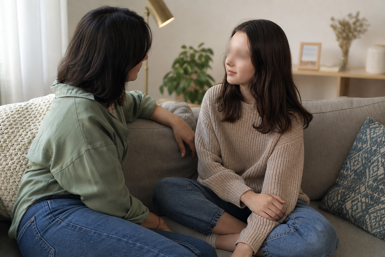 Eating Disorders: Is Your Teen a Dangerous Dieter? 16 eating disorders in teens - parent having a supportive open conversation with teenage daughter in a warm living room