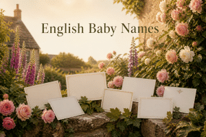 Collection of English baby names on cream name cards in an English cottage garden with climbing roses, foxglove, ivy, oak leaves, and soft golden light