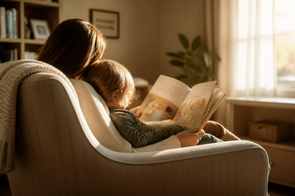 emotional development in children — parent and child reading together in a cozy armchair