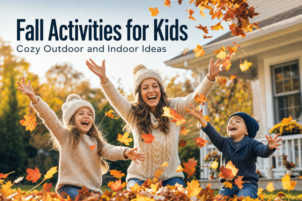A mom and two young children laughing together in a pile of autumn leaves in a golden backyard, illustrating cozy fall activities for kids, with a legible baked-in headline