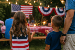 fourth of july activities for kids - family celebrating with sparklers outdoors