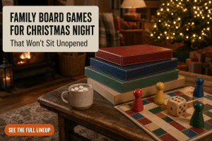 family board games for christmas night set up on a living room coffee table