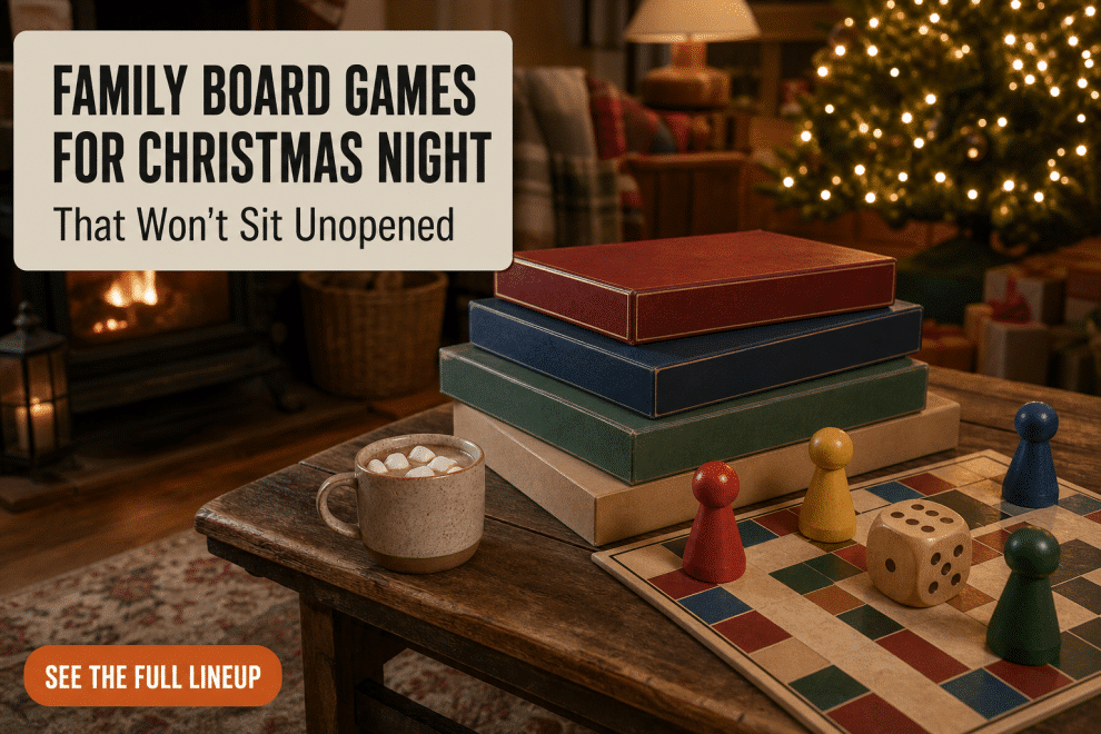 family board games for christmas night set up on a living room coffee table