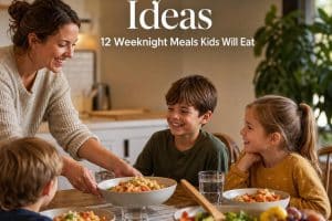 family dinner ideas with a parent setting a warm weeknight dinner table under the headline Family Dinner Ideas