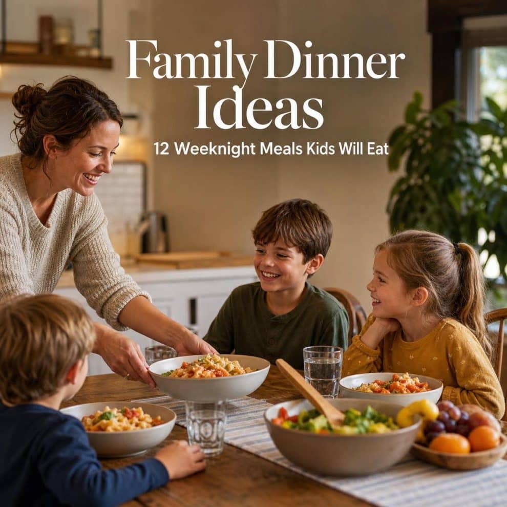 family dinner ideas with a parent setting a warm weeknight dinner table under the headline Family Dinner Ideas