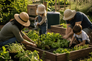 green living tips for families — family gardening together in a sunny backyard