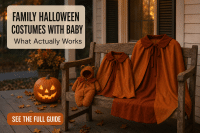 Family Halloween Costumes With Baby: What Actually Works With an Infant in the Mix 5 Family halloween costumes with baby idea shown as graduated adult, child and baby costume pieces on a porch bench at dusk with a lit pumpkin