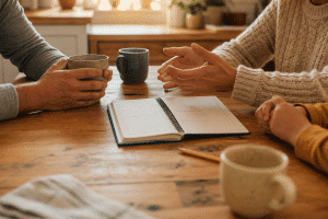 family hardship conversation at the kitchen table