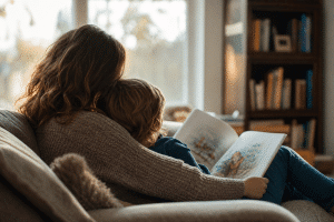 quality time with kids — parent and child reading together on cozy couch