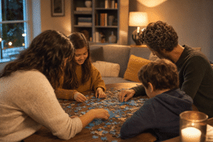 family time tips — family doing a puzzle together in cozy living room