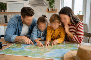 family vacation planning tips with parents and children mapping out a trip together