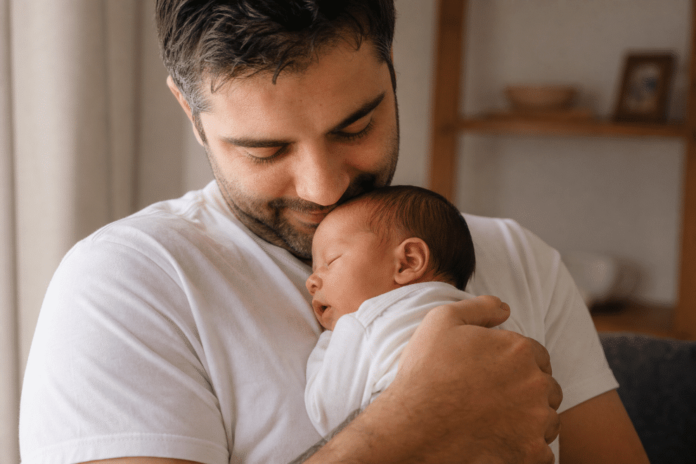 father baby bonding - new dad holding newborn baby with gentle loving expression