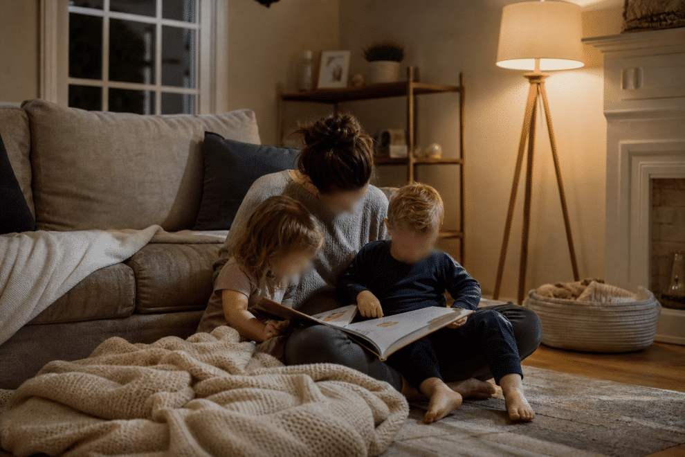 quality time with kids reading together on a cozy evening at home