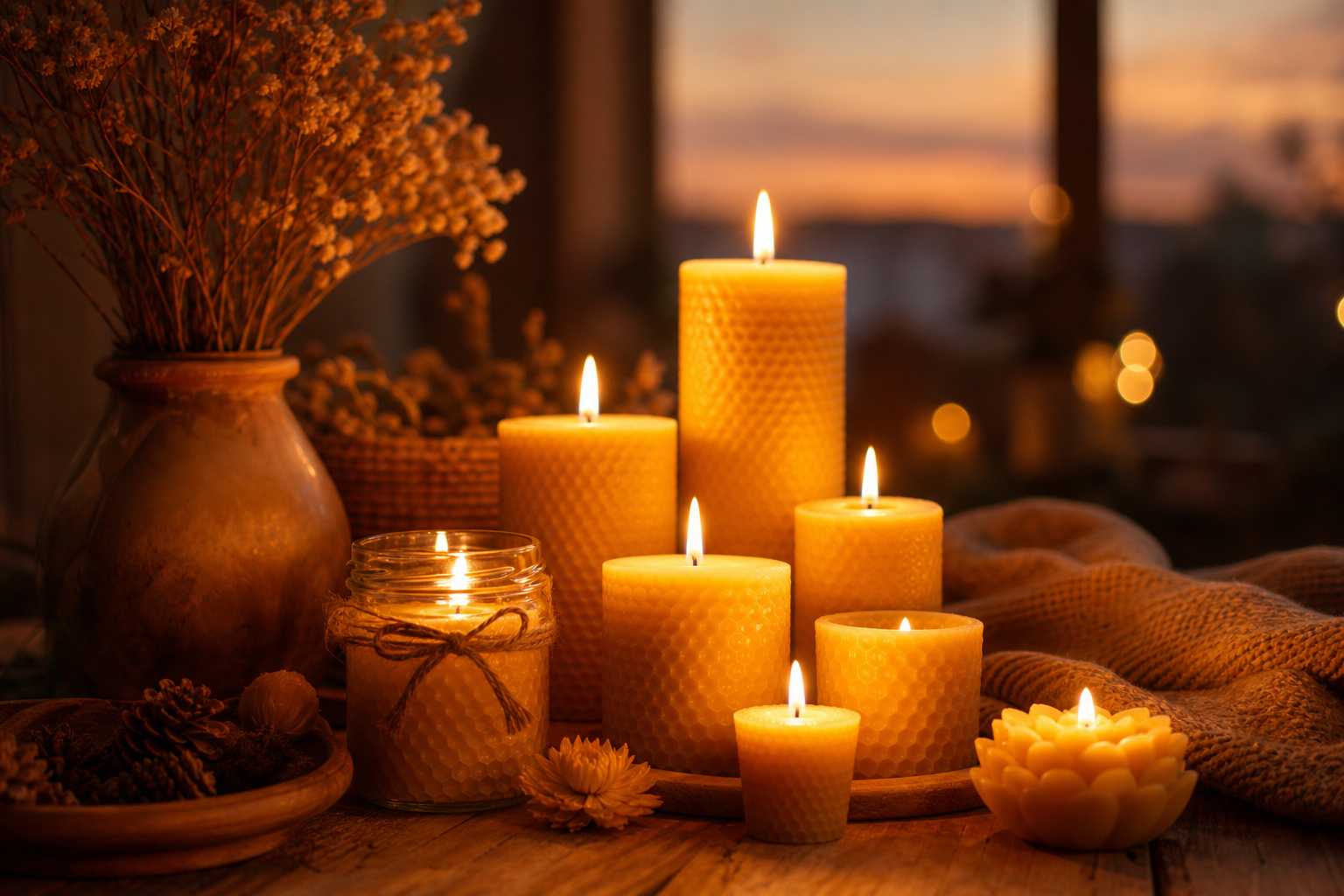 Names That Mean Fire: 50+ Warm, Glowing Picks for Your Baby 16 A cluster of warm beeswax candles glowing softly at dusk, an inspiration for fire baby names