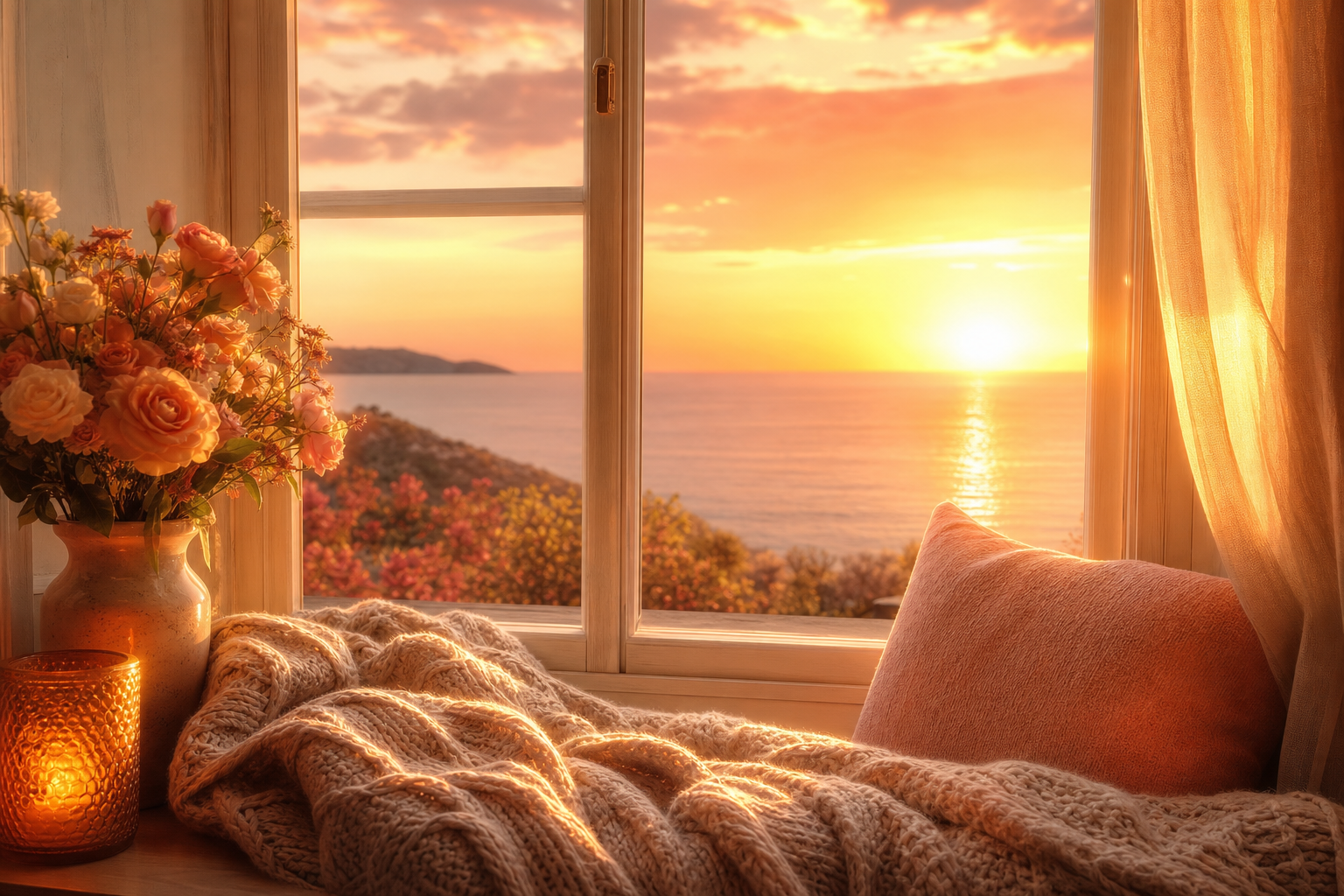 Names That Mean Fire: 50+ Warm, Glowing Picks for Your Baby 18 A warm sunset glow seen through a cozy window seat with a soft blanket