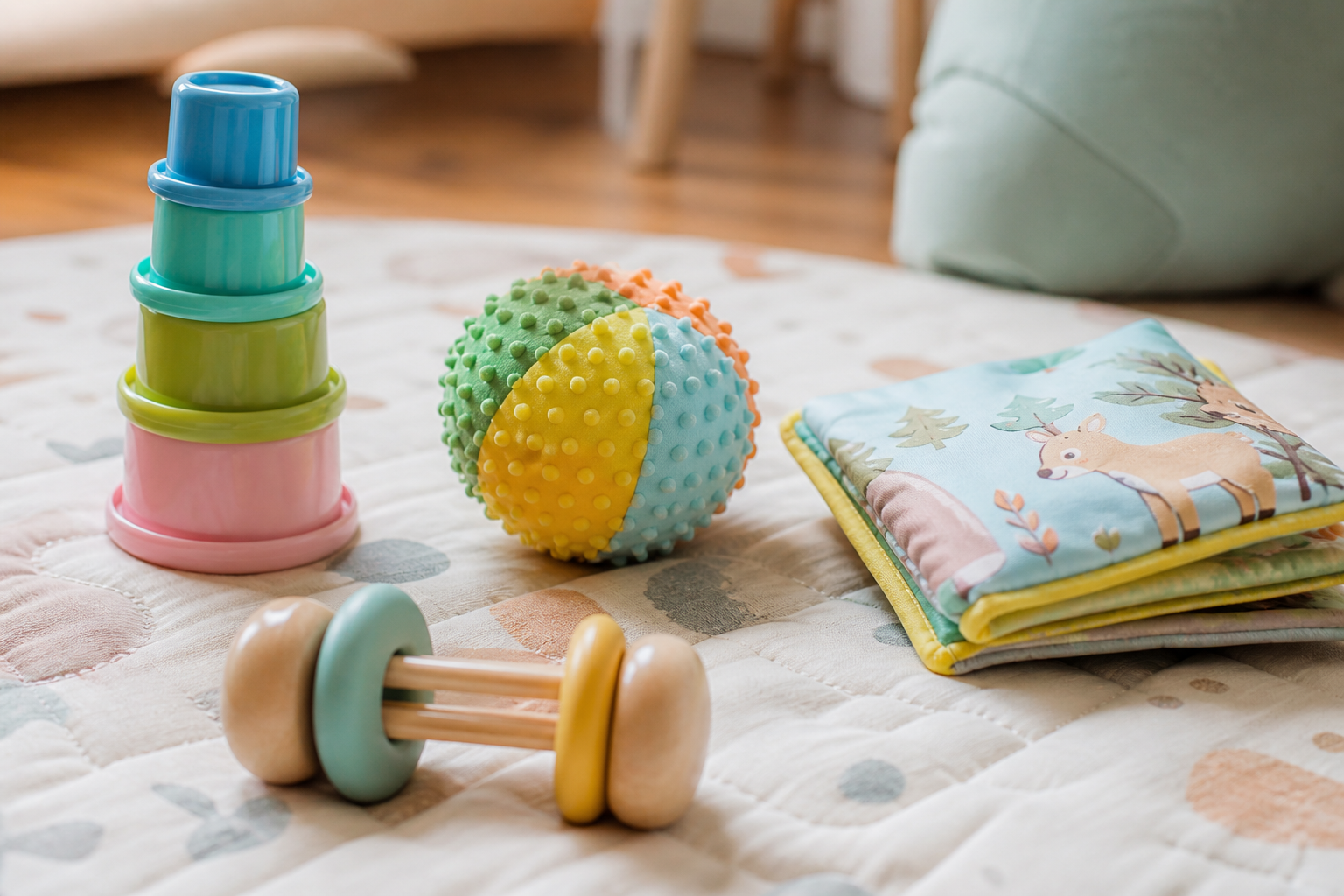 first year baby development with sensory toys arranged on a soft play mat