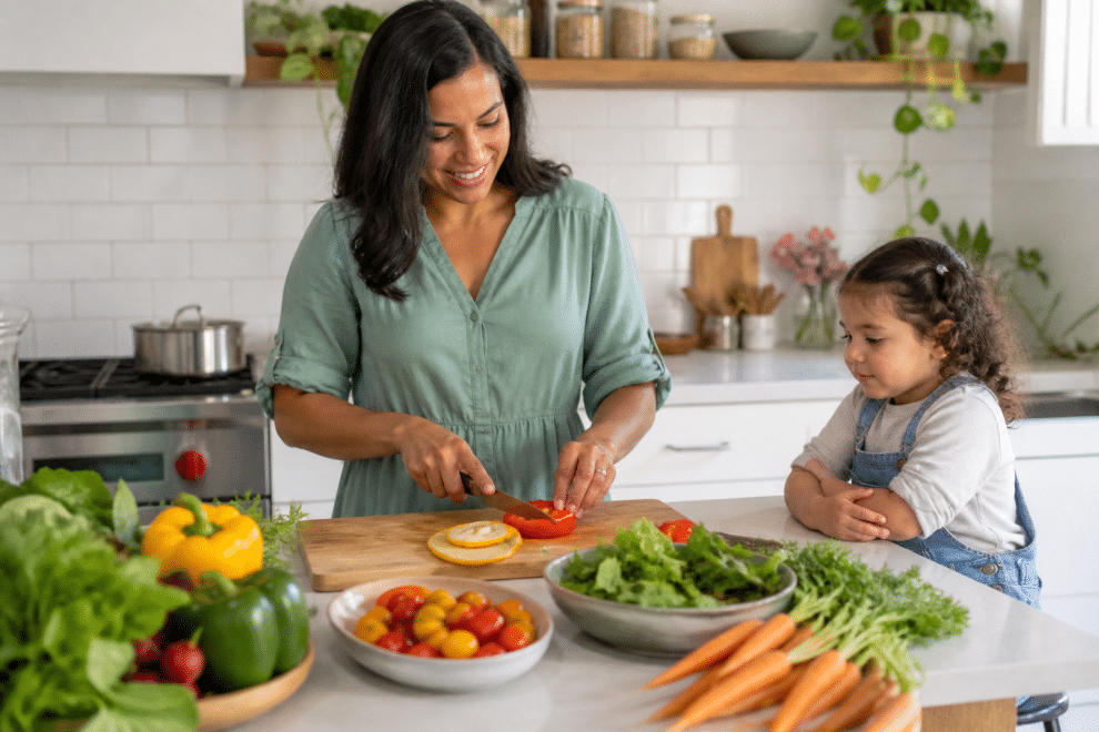 quick family meals – parent cooking a fast weeknight dinner with child