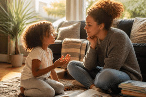 flexible parenting parent listening attentively to child at home