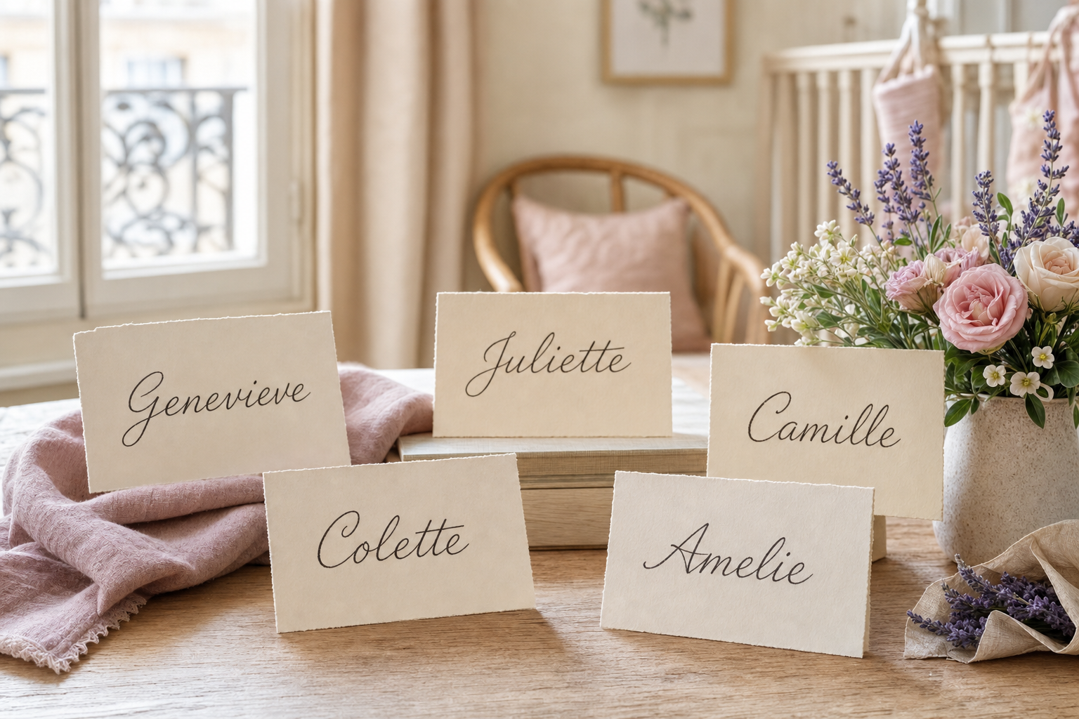 36 Beautiful French Baby Names & Their Meanings 16 French baby girl name cards for Genevieve, Juliette, Camille, Colette, and Amelie in a soft Parisian nursery