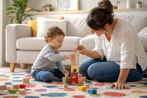 fun activities for toddlers at home — parent and toddler stacking blocks on colorful rug