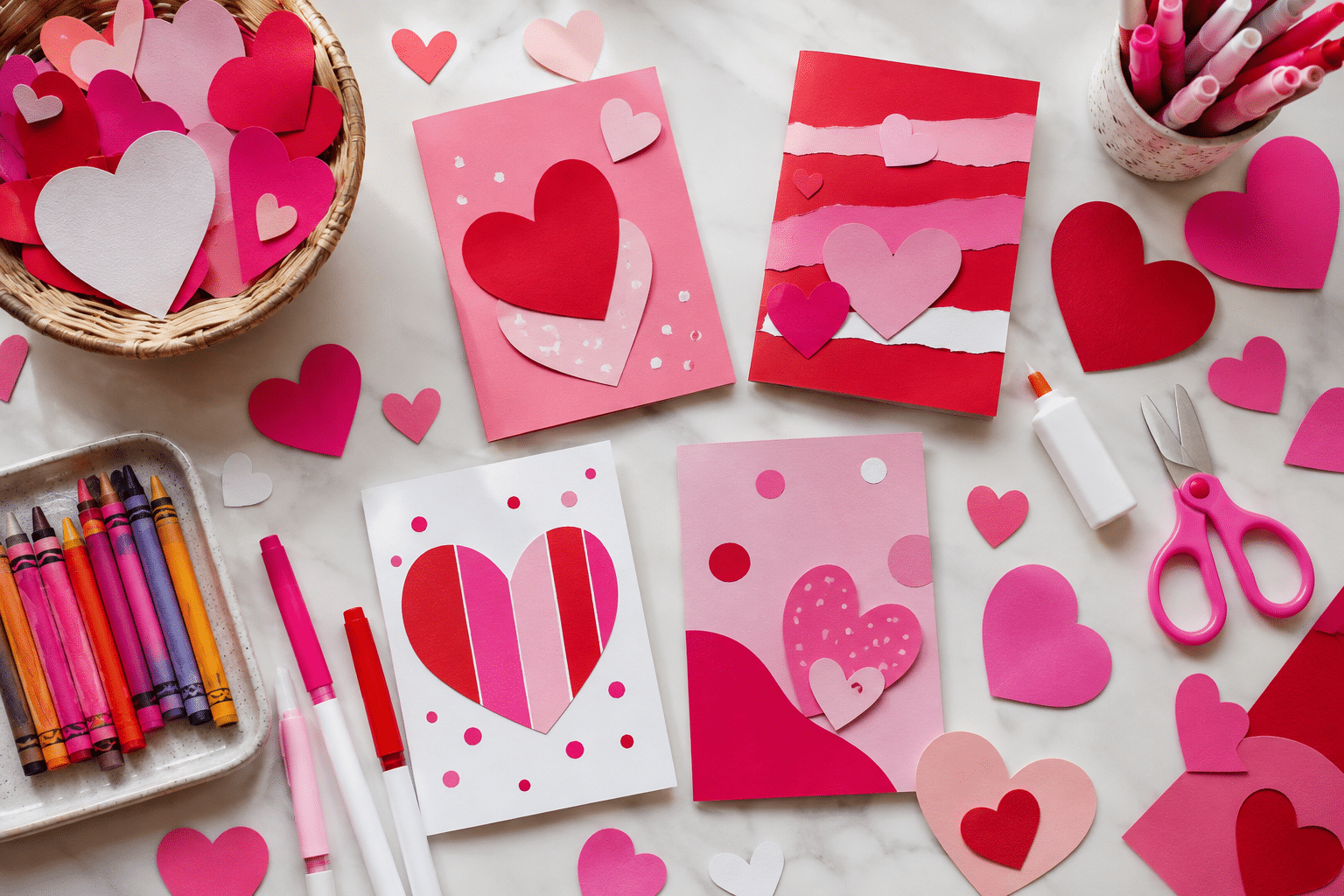 Valentine's Day activities for kids: homemade paper heart cards and craft supplies on a table