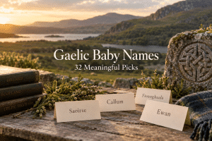 Gaelic baby names arranged on warm cream name cards beside green rolling hills, a carved Celtic knot in weathered stone, and soft golden light