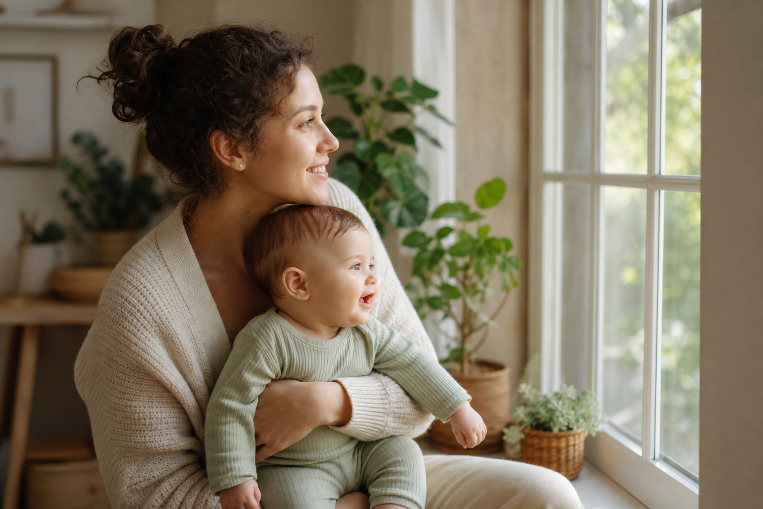 30 Beautiful Gender Neutral Baby Names and Their Meanings 16 Parent holding a baby by a sunny window surrounded by green plants while considering nature-inspired baby names
