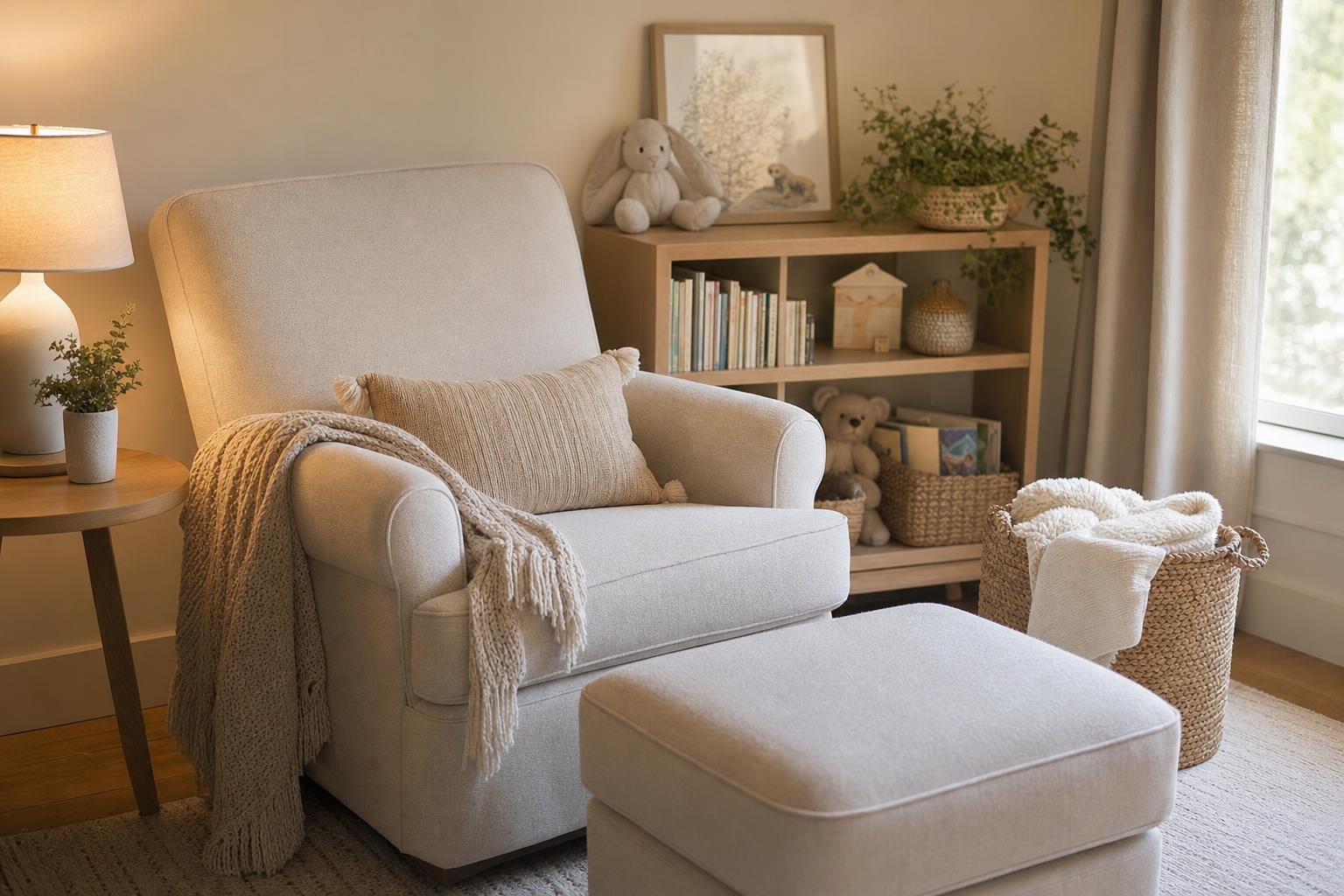 Gender Neutral Nursery Ideas: Simple, Calm Inspiration for a Room That Grows 17 A cozy nursery feeding corner with a soft armchair, a woven basket of blankets, a small bookshelf, and a warm lamp, styled in calm neutral tones.