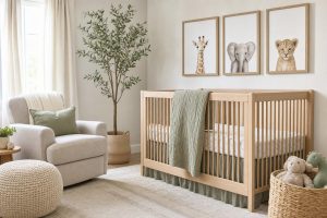 Gender neutral nursery ideas in a sunlit room — a natural-wood crib, soft sage and cream textiles, a woven basket, and framed animal prints, calm and warmly styled.