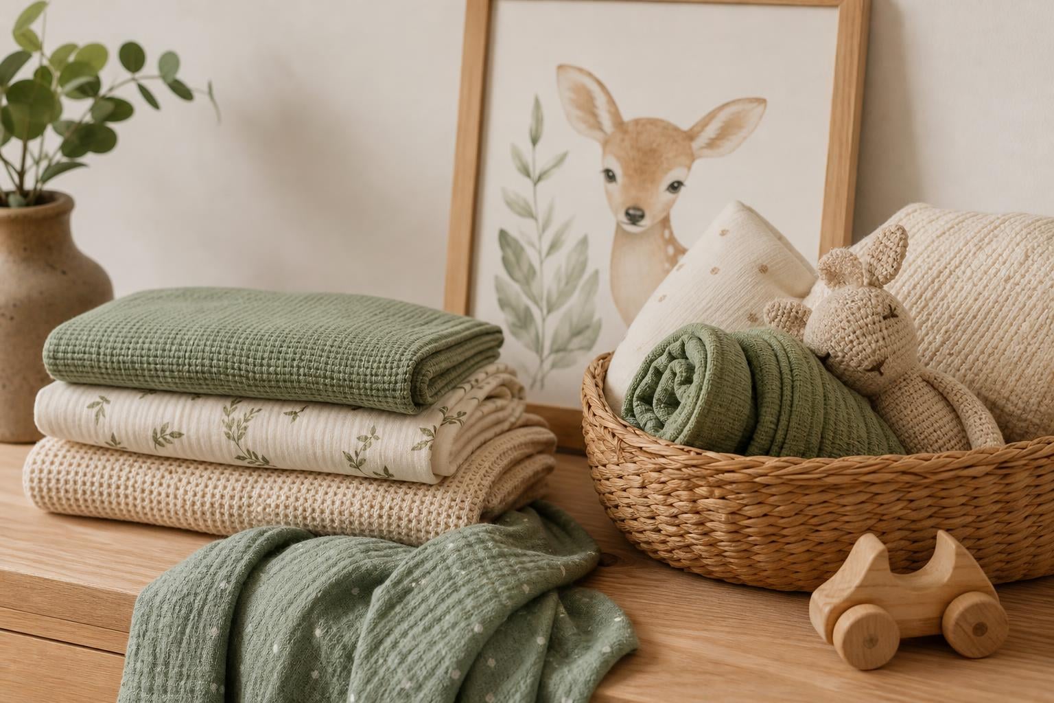 Gender Neutral Nursery Ideas: Simple, Calm Inspiration for a Room That Grows 16 A styled flat lay of gender neutral nursery textiles in sage green, cream, oatmeal, and warm wood tones — folded blankets, a woven basket, and a simple framed animal print