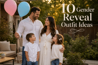 Gender Reveal Outfit Ideas: What to Wear So the Photos (and the Powder) Actually Work 4 Gender reveal outfit ideas — family of four in white and denim outfits standing together outdoors during a gender reveal, dad holding pink and blue balloons